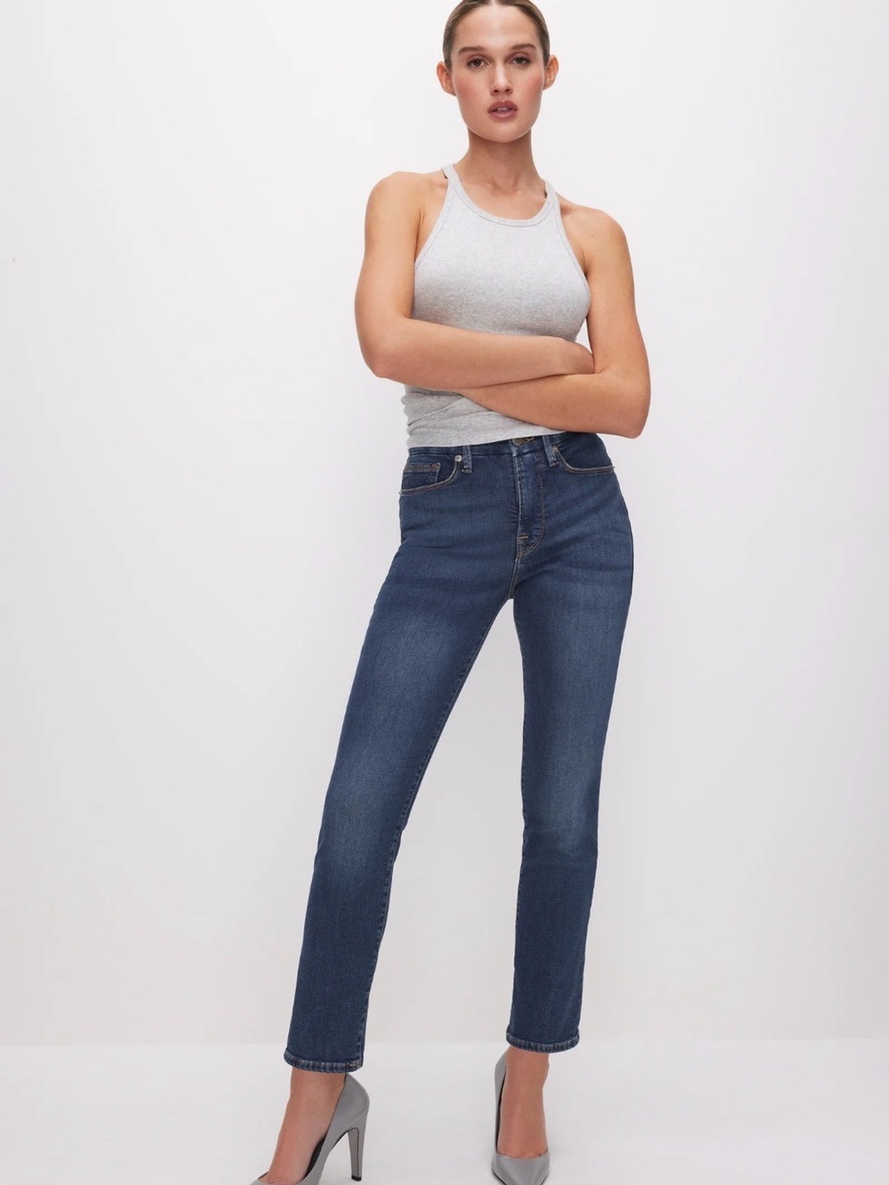 EUC Good American Good Legs Always Fits Cigarette Straight Jeans Dark Blue Wash